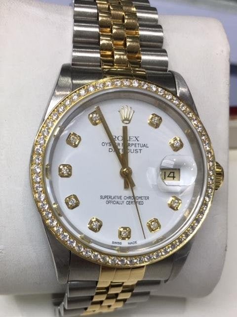 ROLEX OYSTER PERPETUAL DateJust 18K Gold Diamond Watch: Men's ROLEX OYSTER PERPETUAL DateJust 18K Gold, Stainless steel, Diamonds Watch model 162337. In house shipping to continental US $25.