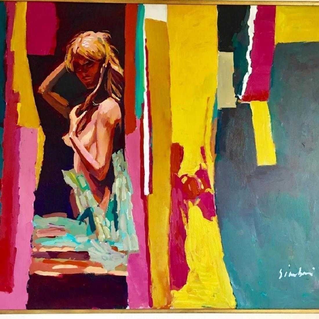 Original NICOLA SIMBARI (Italian, 1927-2012) X-Lg Oil: Original Nicola Simbari (Italian, 1927-2012) Large Oil Painting on Canvas Nude At The Window. Signed lower right, titled on the reverse. Dimensions: 54" x 49" framed