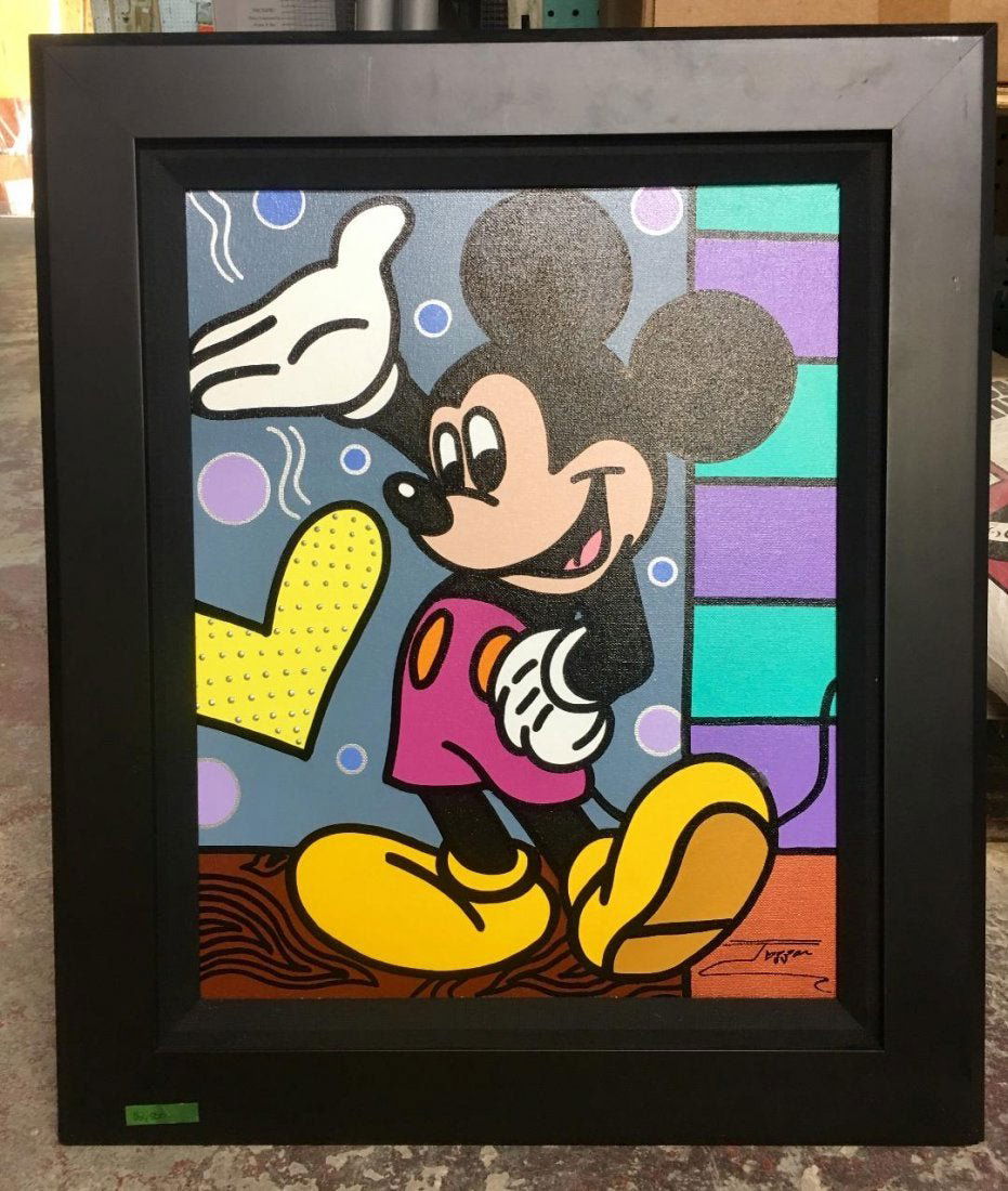 Jozza Pop Art Acrylic Painting on Canvas Mickey Mouse: Jozza Pop Art Acrylic Painting on Canvas Mickey Mouse. Original gallery receipt attached to the back. Signed lower right. Measures 27" x 23" framed, 20" x 16" image. In house shipping is available, bu