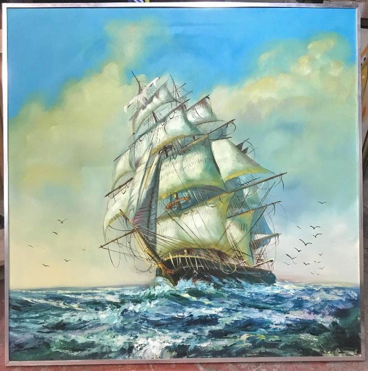 Mystery Artist Signed Large Oil Painting on Canvas Ship (1 of 6)