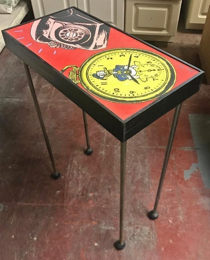 Glenn Wexler American Pop Art Hand Painted Table Donald: Glenn Wexler (American, b.1963) Pop Art Hand Painted Table Donald Duck and a Phone. Signed and dated lower left "Wex, 93". Glenn Wexler gallery label on the bottom. Measures 25"H x 18"L x 9"W.