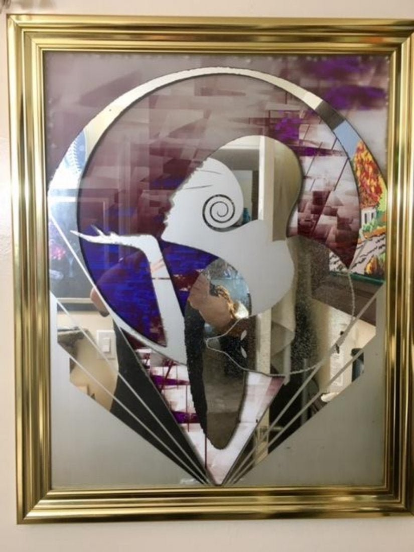 Vintage Art Deco Erte Style Etched Mirror Composition: Vintage Art Deco Erte Style Etched Mirror Composition Clear and Frosted Glass. Measures 32" x 26" framed.