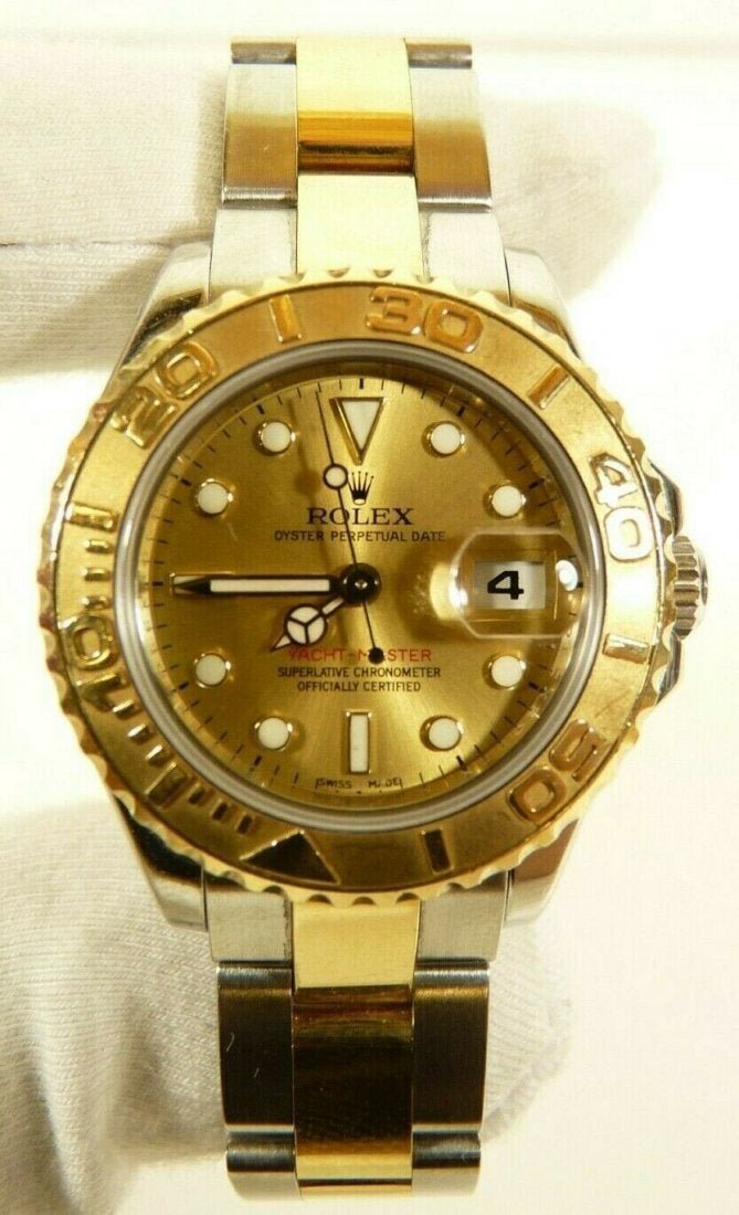 Rolex Yacht Master 18k Gold Ladies Watch: Rolex Yacht-Master 169623 18k Gold And Stainless Steel 29mm Gold Face Year 2008. Weight: 45.8dwt / 71.3g. Band Size: Approximately 5". In house shipping to continental US $25.