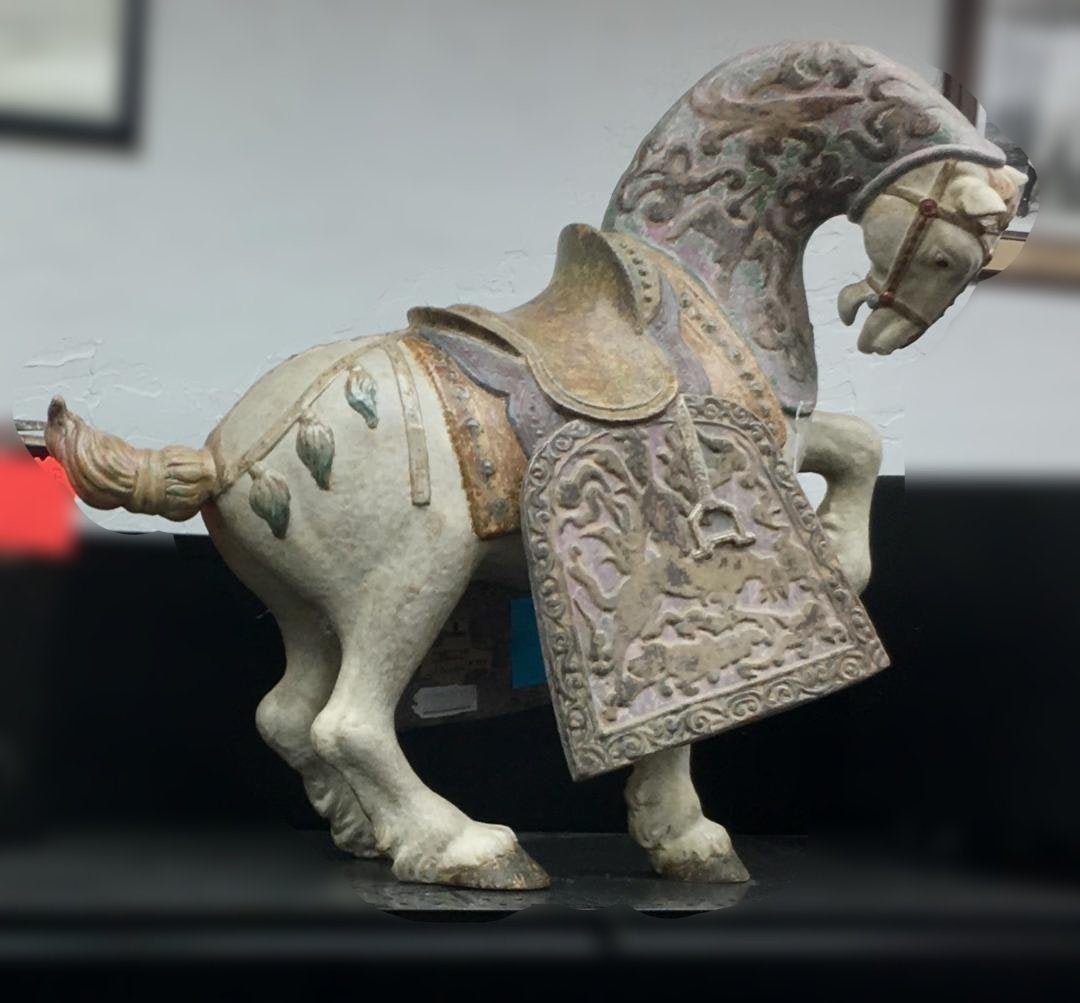 RARE Lladro Large 29" Sculpture Oriental Horse Statue: Large gorgeous porcelain limited edition 207/300 Lladro figure, "Oriental Horse", sculpted by Salvador Furio (Spanish, 20th c), modeled in mid step and clad in elaborate costume, issued in 1971 and re
