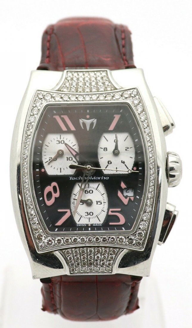 TECHNOMARINE WOMAN’S DIAMOND CHRONOGRAPH WATCH: TECHNOMARINE TS17527 WOMAN’S DIAMOND CHRONOGRAPH ALLIGATOR STRAP WATCH. 124 WHITE DIAMONDS SET ON BEZEL.1.2CTW. CASE: POLISHED STAINLESS STEEL. WILL FIT UP TO A 6" WRIST. WATER RESISTANT: 10 ATM / 1