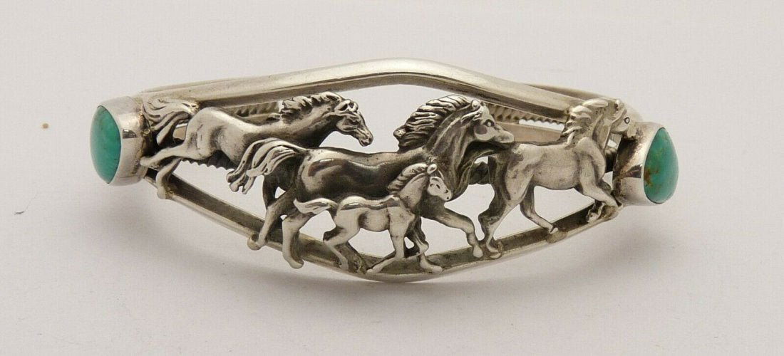 Navajo Sterling Silver & Turquoise Cuff Bracelet Horses (1 of 7)