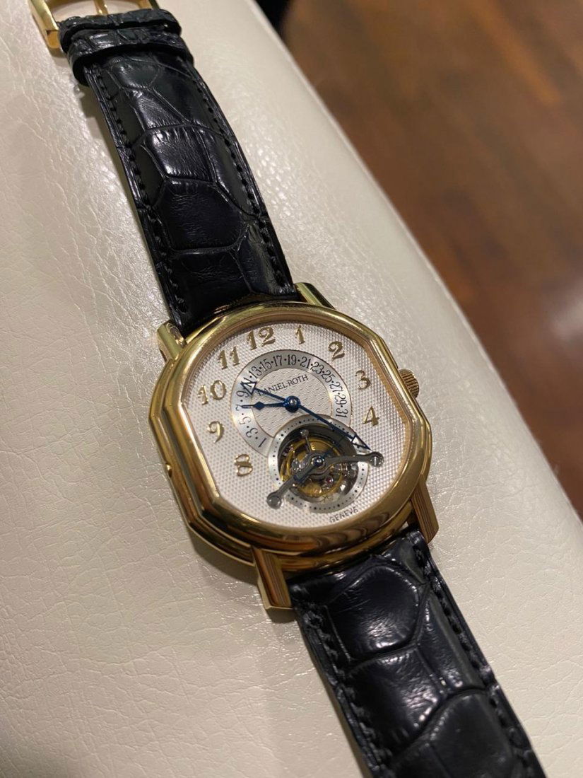 Daniel Roth Masters Tourbillon Retrograde Date Watch: Daniel Roth Masters Tourbillon Retrograde Date 18K Rose Gold Watch. Size 41mm. Ref. 196.X.60.168.CN.BA. Manual winding. Caliber 730. Water resistance 30 m. Excellent condition, comes with box and pape