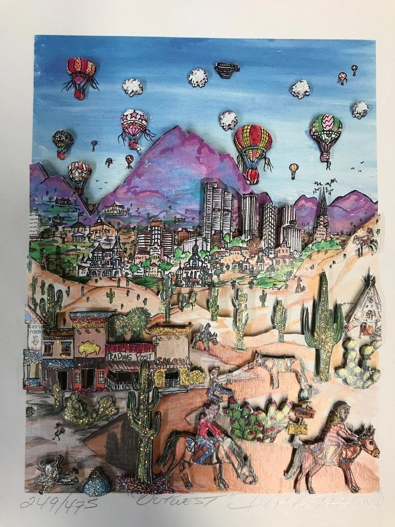 Charles Fazzino (American b.1955 ) Out West Mixed Media: Charles Fazzino (American b.1955 ) "Out West" Limited Edition 249/475 Mixed Media Pop Art 3D Lithograph pencil signed lower right. Measures 11" x 8.5" sheet, 8" x 6" image. In house shipping is availa