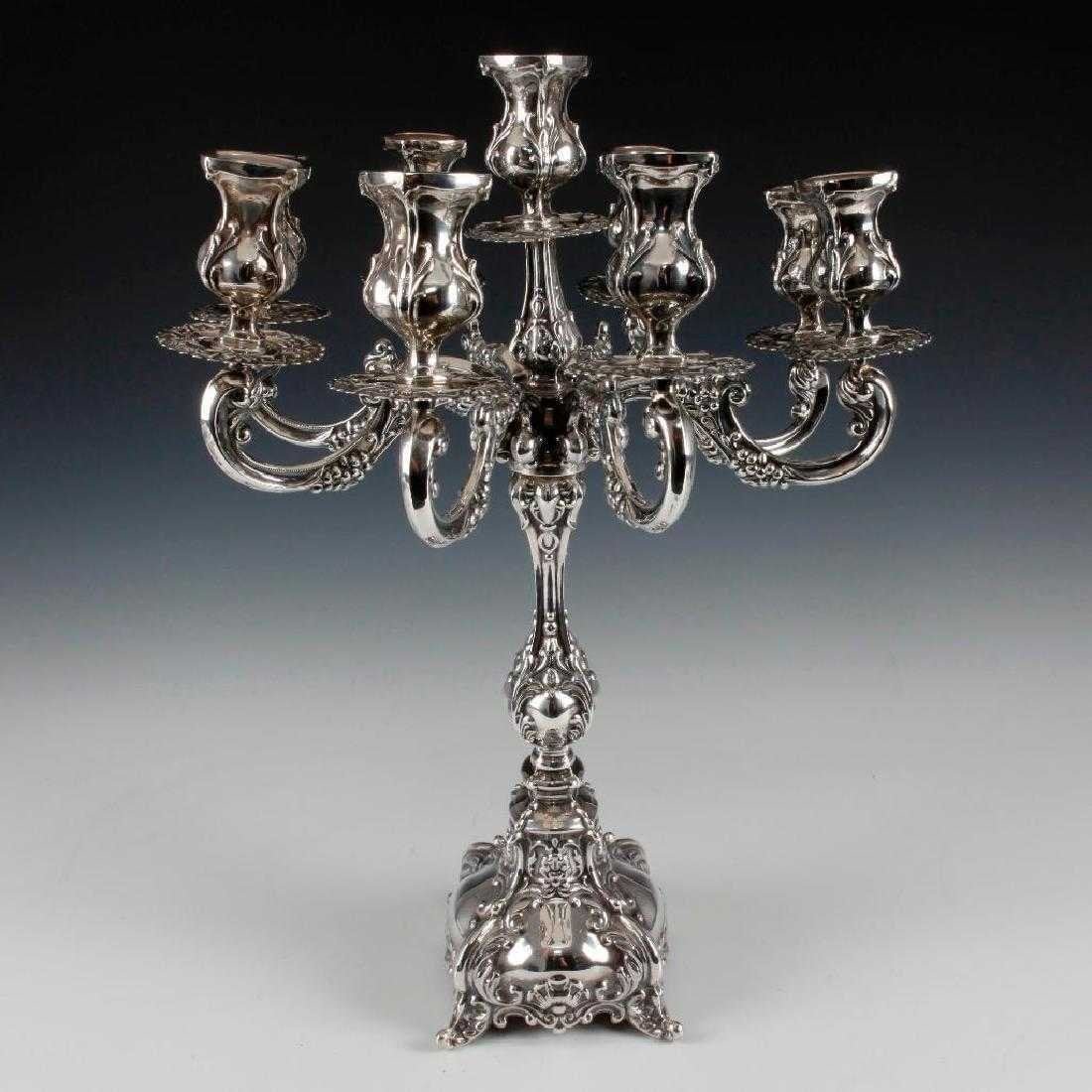 Antique X-Lg 22" Sterling Silver .925 4lb Candelabra: Antique Magnificent large ornate, very finely detailed Nine Arm candelabra . Marked .925 sterling silver. Very heavy, weights 4 lb (2 kg). Measures approx. 21.75" Tall x 16" Wide.In excellent conditio