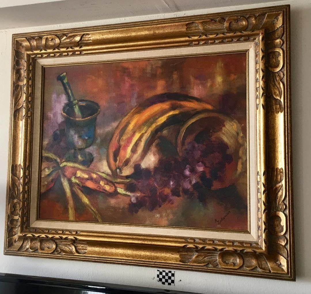 Mary Zakarian American / Armenian, b.1955 Oil on Canvas: Mary Zakarian (American / Armenian, b.1955) Oil Painting on Canvas Still Life. Signed lower right. Measures 24" x 18"canvas , 32" by 26" inches in beautiful vintage wooden frame. In house shipping is 