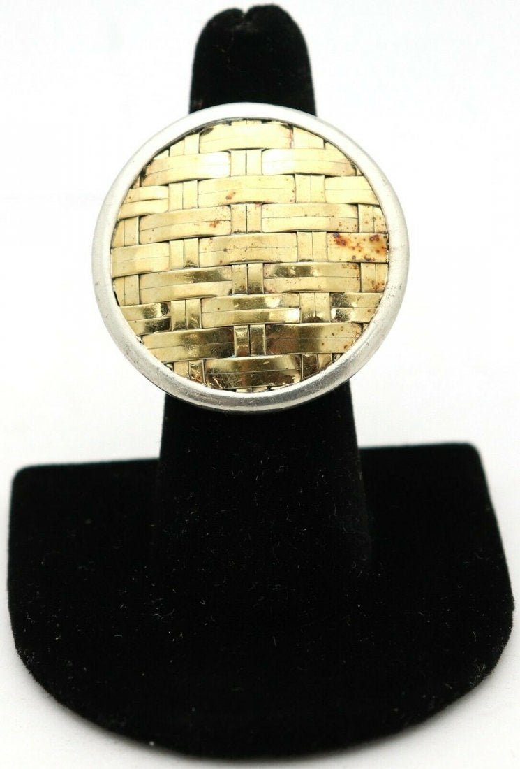 John Hardy 22K Gold Bedeg Basket Weave Dome Ring: John Hardy Bedeg Basket Weave Dome Ring Sterling Silver 925 & 22kt Yellow Gold Size: 7.5. Weight: 17.2 dwt , 26.7 grams. Front measures 1.25" dia. In house shipping to continental US $15.