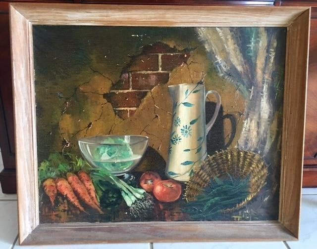 Andre Richardson King (American, b.1931) Oil on Canvas: Still Life Painting by Andre Richardson King (American, b.1931) Oil on Canvas. Measures 35" x 30" framed. Signed lower right and also titled, signed and dated on verso: "Home Spun Andre R. King April 