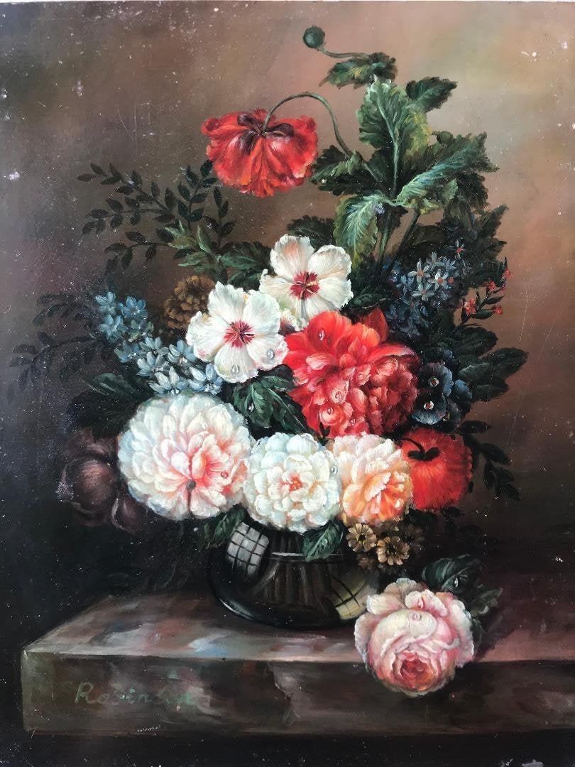 Robinson Old Master Style Dutch School Still Life: Oil Painting on wooden board. Robinson Old Master Style Dutch School Still Life with flowers. Signed lower left. Measures 10" x 8". In house shipping to continental US $20.