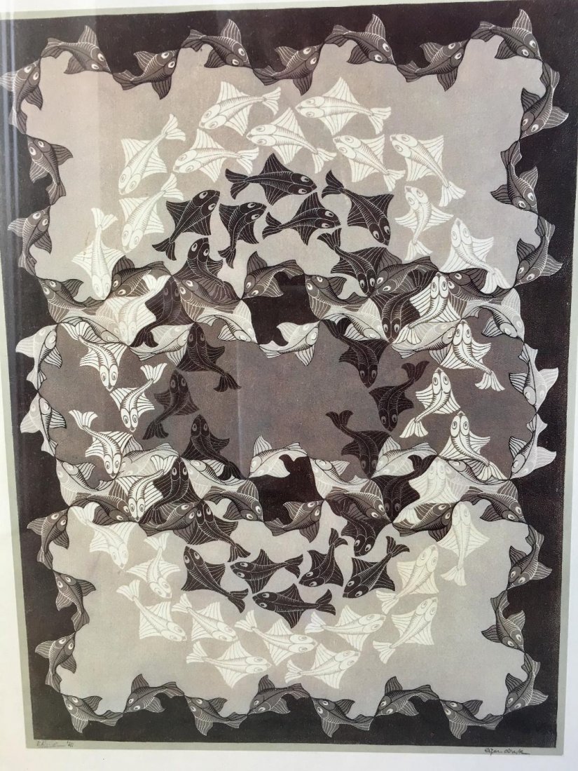 M.C. Escher (Netherlands 1898-1972) Graphic art print: Maurits Cornelis Escher (Netherlands, 1898-1972) Fish Graphic art print / poster . Measures 21" x 17" framed. Not Examined Outside of frame. In house shipping is available, buyer pays shipping cost.