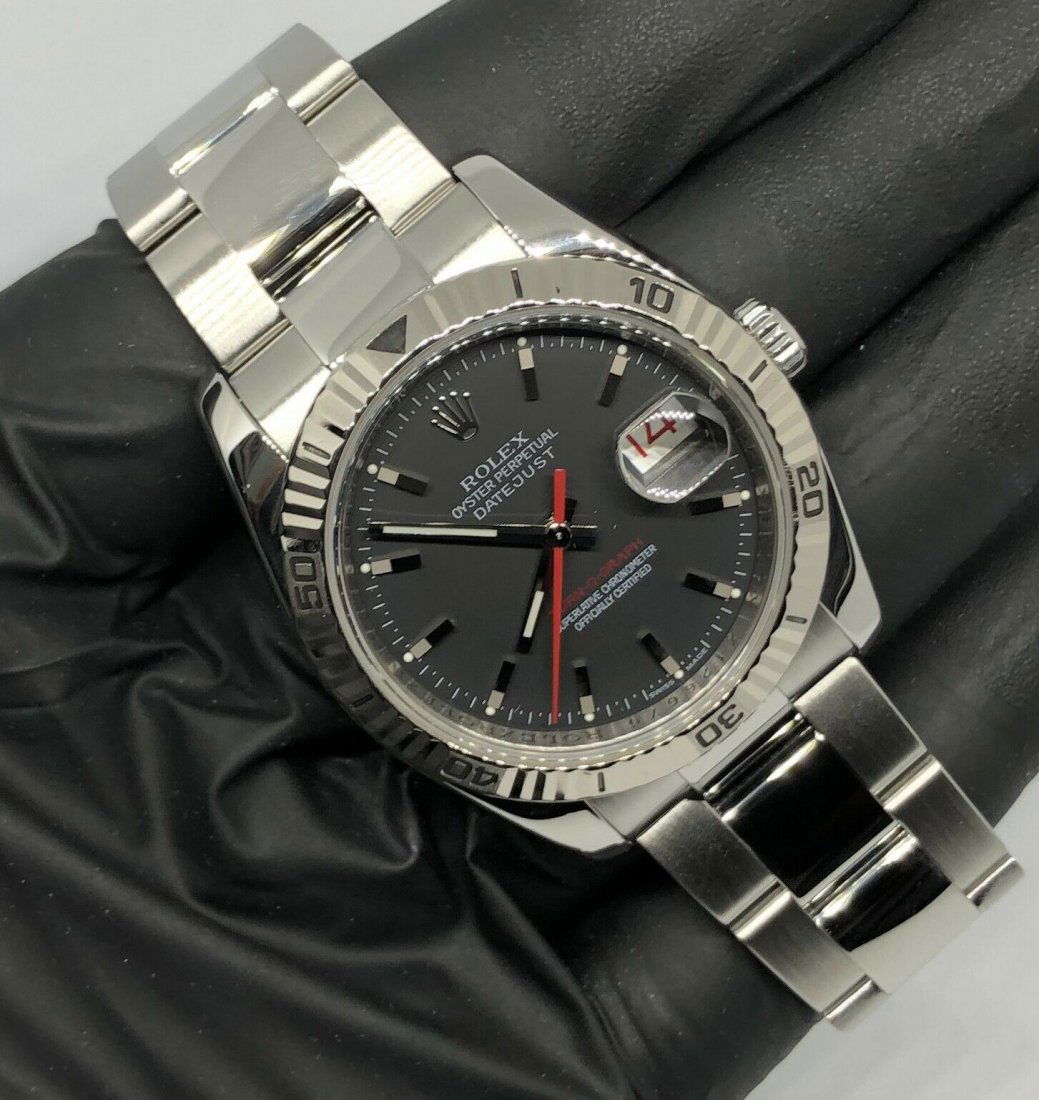 Rolex Datejust 116264 Turn-O-Graph 18K White Gold Watch: Rolex Datejust 116264 Turn-O-Graph 18K White Gold Bezel Gray Dial SS.Steel Watch. AUTOMATIC ROLEX 3135. CASE SIZE: 36MM. CASE THICKNESS: 11.5MM. OYSTER CLASP DEPLOYMENT. SAPPHIRE CRYSTAL. FLUTED WHITE