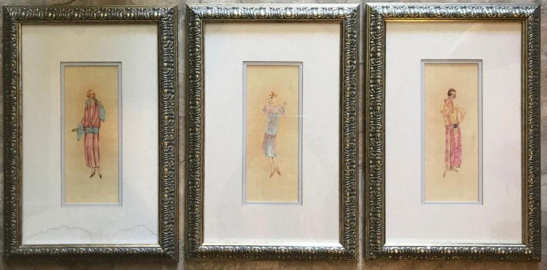 Triptych Art Deco Fashion Drawings Erte Style: Triptych Art Deco Fashion Drawings Erte Style in gilded frames each measures 18.5" x 12.5". In house shipping is available, buyer pays shipping cost.