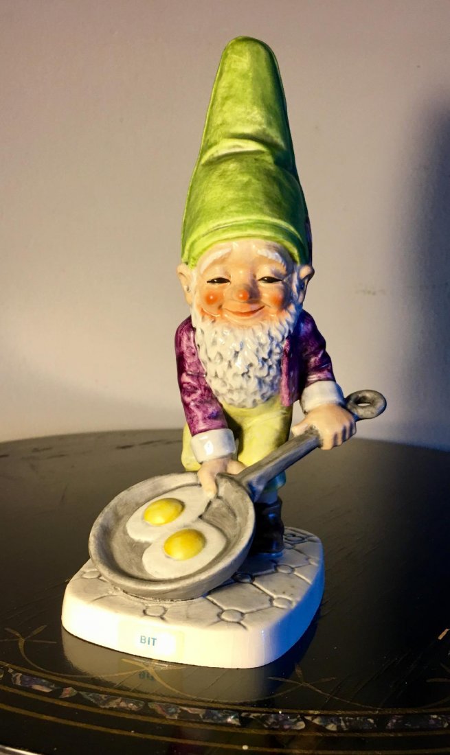 Goebel Gnome Cooking Eggs German Porcelain Figurine: Goebel Gnome Cooking Eggs German Porcelain Figurine. Measures 8"H. Marked West Germany 1970. Hand painted. In house shipping is available, buyer pays shipping cost.