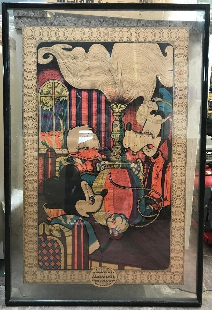 Disney 70s Satire Poster Micky Goofy Donald Smoking POT: Vintage 1970 Disney Satire Poster Micky, Goofy & Donald Duck Smoking Hookah. Humorous play on the Bob Dylan song "I ain't gonna work on Maggie's farm no more." The poster have been illustrated by Joe 