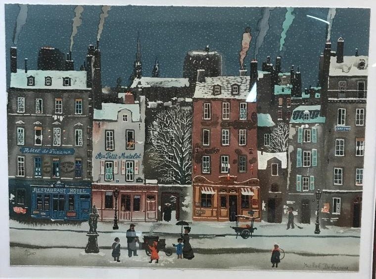 Michel Delacroix (French, b.1933) Limited edition litho: Michel Delacroix (French, b.1933) Street Scene Limited edition 1/200 lithograph pencil signed lower right. Measures 29" x 25" framed. In house shipping is available, buyer pays shipping cost.
