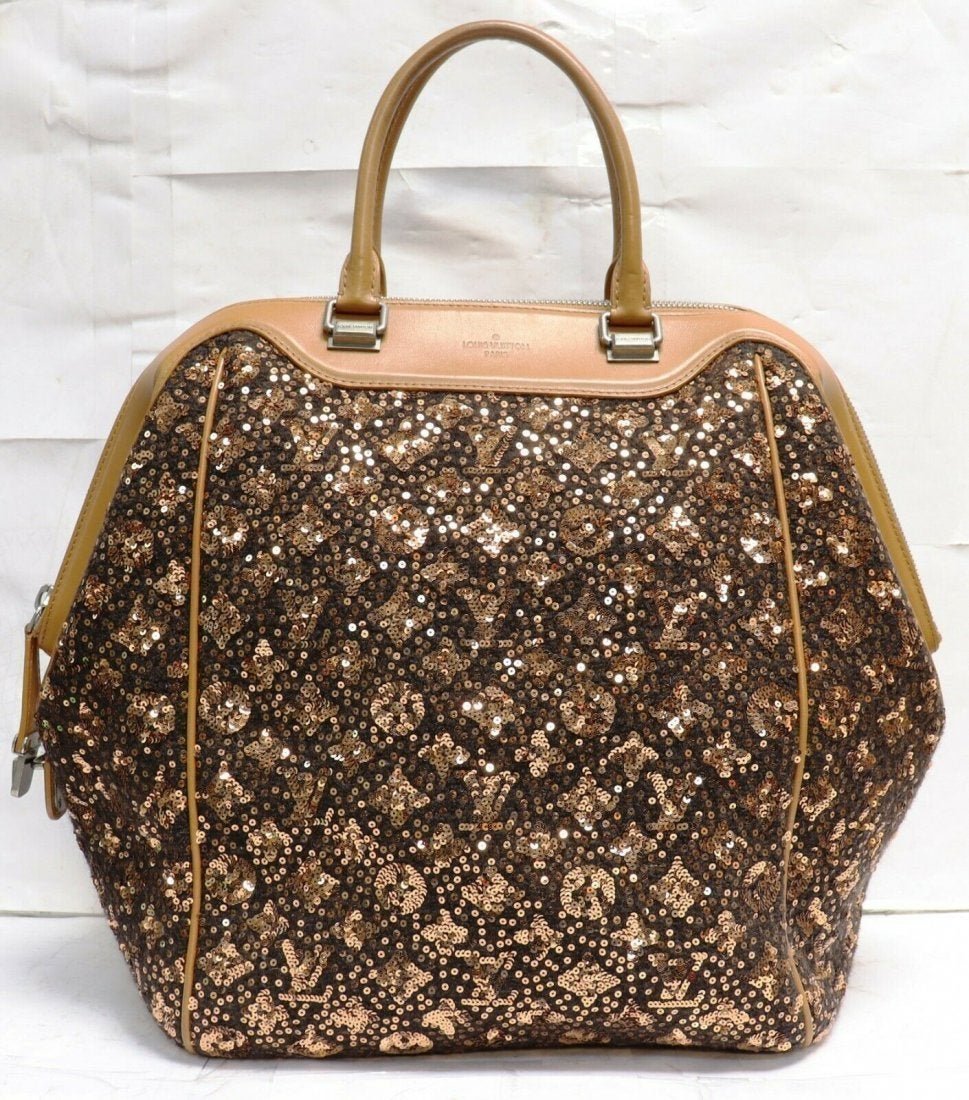 Louis Vuitton Gold Monogram Sequined Bag: Louis Vuitton Limited Edition Gold Monogram Sunshine Express North-South Bag. Size(Inch): 11.25"L x 14"H x 8"D. Made in Italy. In house shipping is available, buyer pays shipping cost.