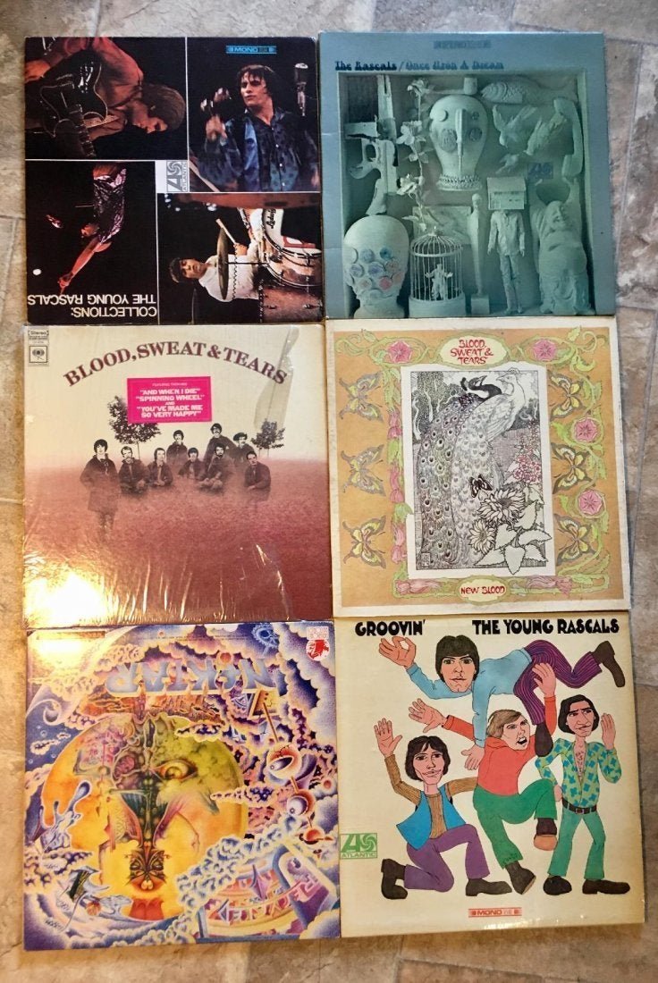 Lot of 6 Original Vintage Rock Vinyl Records LPs: Lot of 6 Records: 1) The Young Rascals – Collections Mono 1967.2) The Rascals – Once Upon A Dream 1968. 3) The Young Rascals – Groovin' 1967. 4) Blood, Sweat & Tear– New Blood 1973. 5) Blood, 