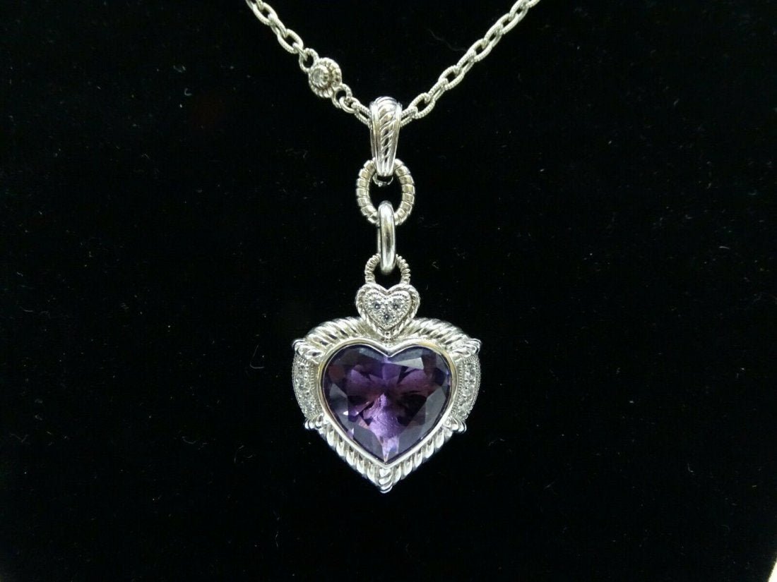 JUDITH RIPKA Amethyst Heart Sterling Silver Necklace: JUDITH RIPKA Amethyst Heart Sterling Silver 925 Pendant 2" W/ Rolo Chain 18". Weight: 16.1 dwt/ 25g. In house shipping is available, buyer pays shipping cost.