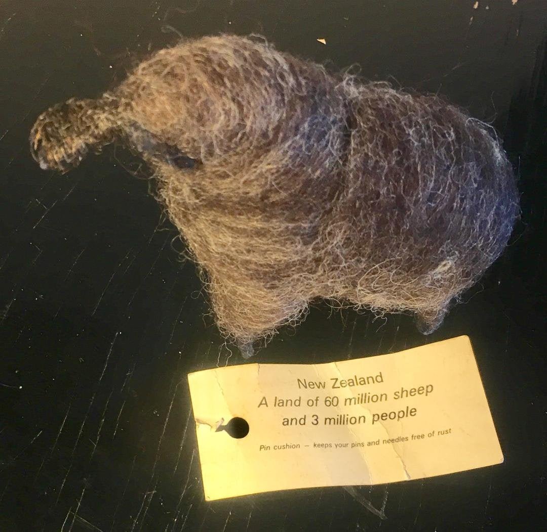 Vintage New Zealand Pin Cushion Hand Crafted Wool Sheep: Vintage New Zealand Pin Cushion Hand Crafted Wool Sheep Figurine with original label. In house shipping to continental US $10.