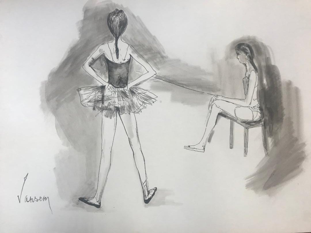 Jean Jansem (French-American, 1920-2013) Ink Drawing: Jean Jansem (French-American, 1920-2013) Ink and Pastel Drawing / Painting on Paper. Signed lower right. Titled in pencil on verso "Practicing". Measures 24" x 18". In house shipping is available, buy