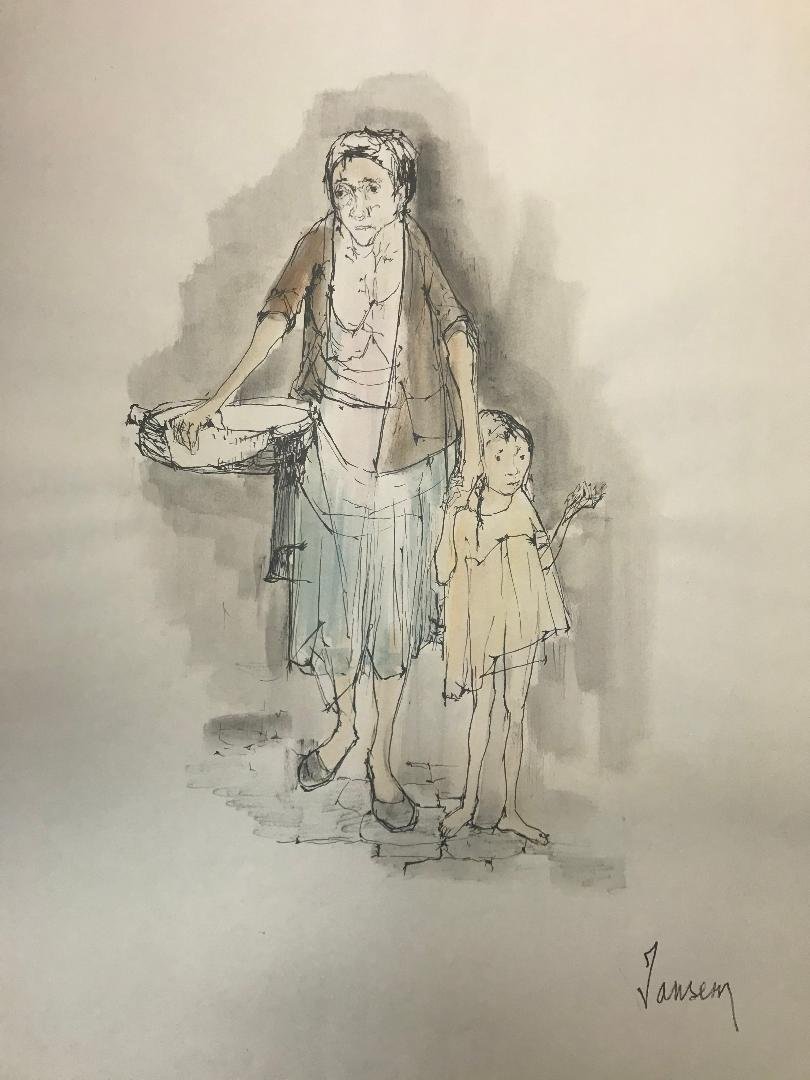Jean Jansem (French-American, 1920-2013) Watercolor Ink: Jean Jansem (French-American, 1920-2013) Watercolor and Ink Painting on Paper. Signed lower right. Titled on verso in pencil "The Grand Mother". Measures 24" x 18". In house shipping is available, buy