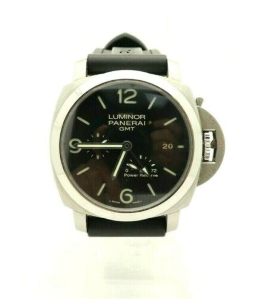 Panerai Luminor 3 Days GMT Black Leather Men's Watch: Panerai PAM00321 Luminor 1950 3 Days GMT Black Leather Automatic Men's Watch. Case Size: 44 mm. Size: 7.5in - 9.5in. Band Material: one rubber, one leather. Case Material: Stainless Steel. Movement: A