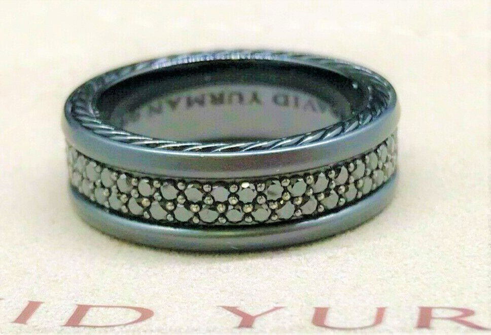 DAVID YURMAN Mens diamond ring: DAVID YURMAN Streamline 2-Row Pave Titanium and sterling silver Black Diamond Men's Band Ring Size 10. WEIGHT: 5.5 DWT / 8.6 GRAMS. 7mm wide. 1.30 total carat weight . RETAIL PRICE: $1,850. In house s