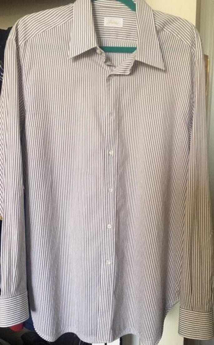 Brioni made in Italy mens shirt sz 42 16.5: Gorgeous Brioni men's shirt , made in Italy , size 42 16.5in. Armpit to armpit measured on the front 23".shoulder to shoulder 21".shoulder to the end of the sleeve 26".top of collar to the bottom meas