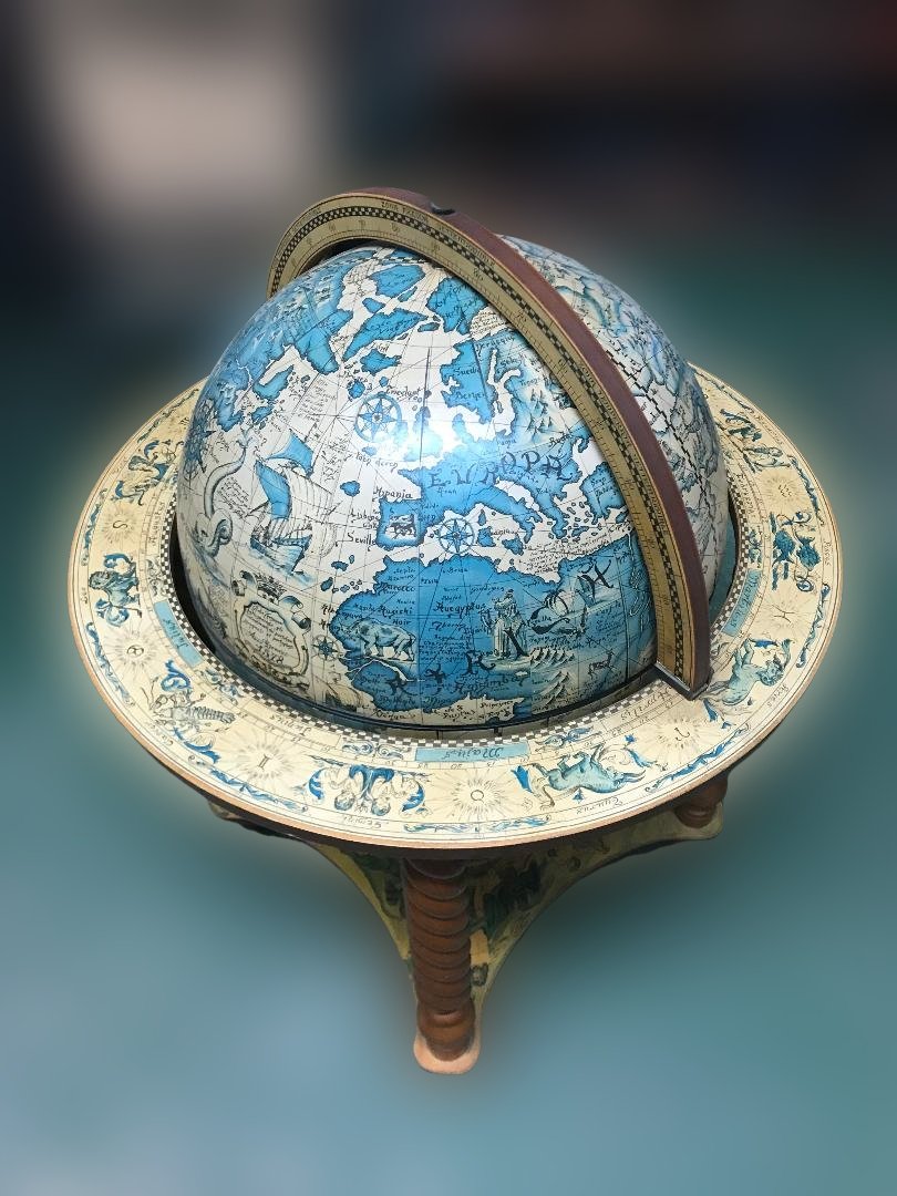 Vintage Globe Bar Cart Zodiac Signs & Mythological: Vintage Globe Bar Cart Zodiac Signs & Mythological Scenes. Measures approx. 38"H x 28"dia.