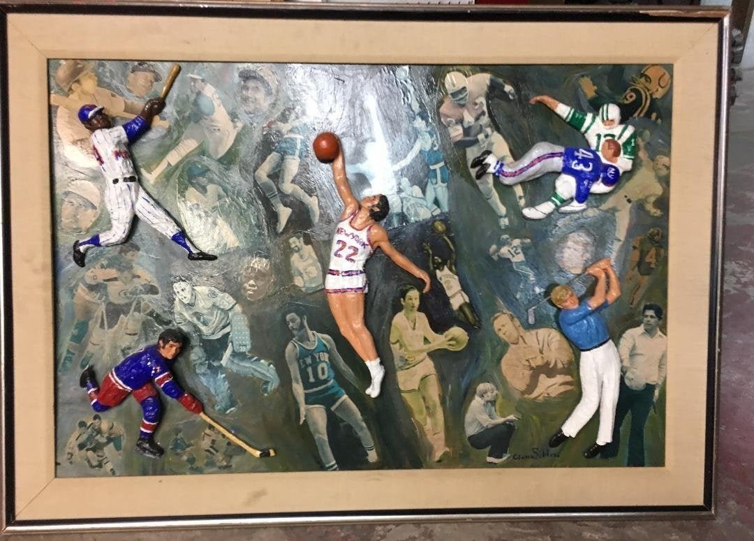Gloria Schloss Oil Mixed Media Collage Sports Painting: Gloria Schloss Oil Mixed Media Collage depicting various New York teams , Rangers , Knicks sports and athletes. Measures 25" x 35".