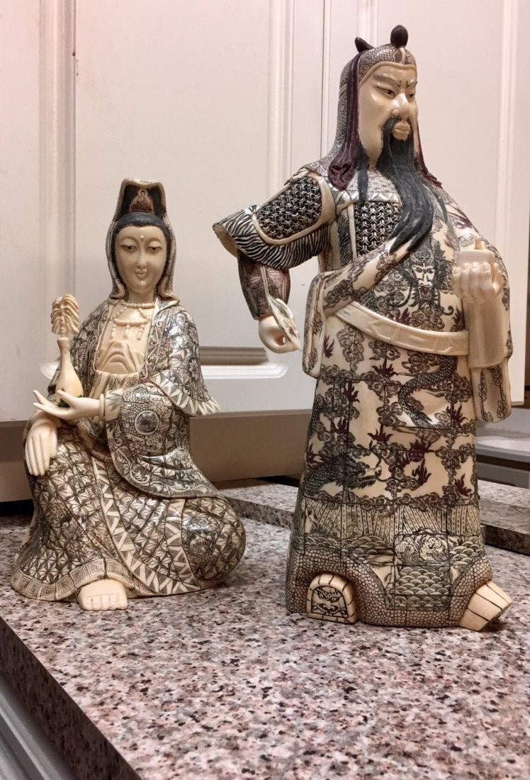 Pair of Chinese Carved Bone Sculptures Figures Guan Yu: Pair of Chinese Carved Bone Sculptures Figures of Guan Yu Warrior (16"H) and Seated Guanyuin (13"H). In house shipping is available, buyer pays shipping cost.