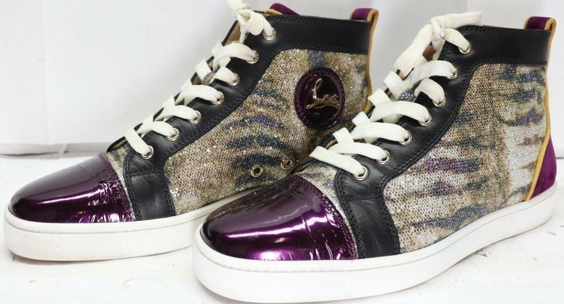 CHRISTIAN LOUBOUTIN PURPLE GOLD GLITTER SNEAKERS: Men's CHRISTIAN LOUBOUTIN PURPLE & GOLD GLITTER HIGH TOP SNEAKERS RANTUS CALF CORDAGE VERSION ECLIPSE US 8 SIZE EU 41. Come with box and with extra pair of laces. In house shipping is available, buyer