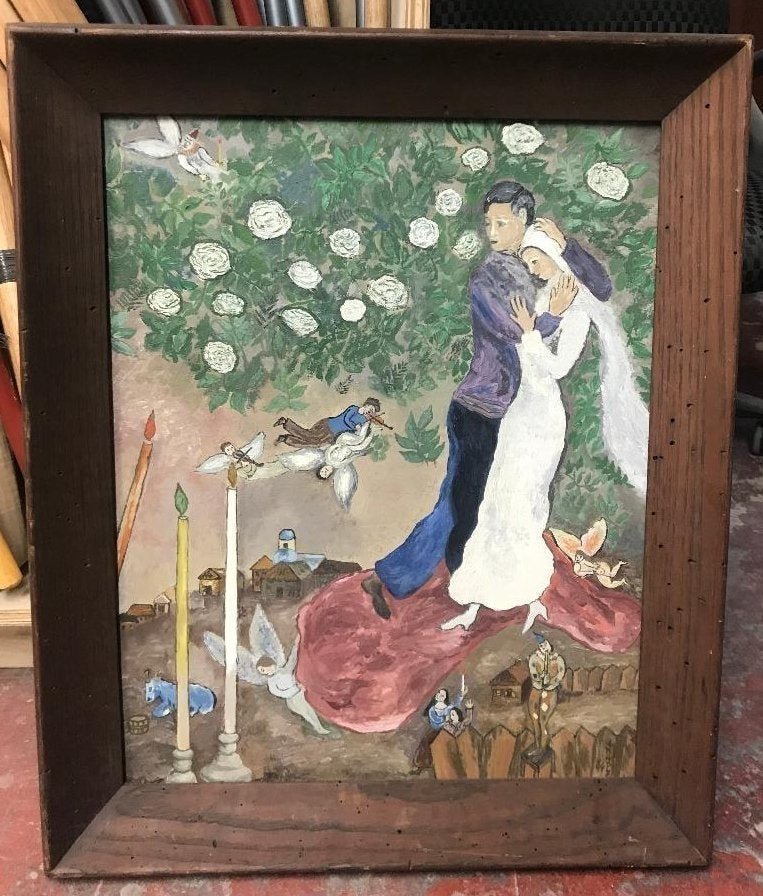 Oil Impressionist Painting Chagall Style Artist Signed: Oil on canvas in the manner of Marc Chagall. Signed by the artist lower right , 1964. Measures 24" x 19" framed. In house shipping is available, buyer pays shipping cost.