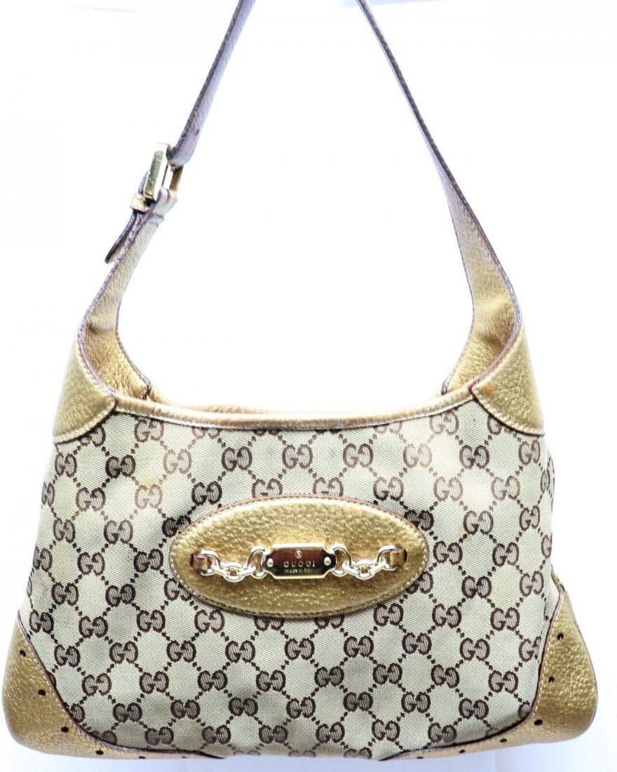 GUCCI Shoulder Bag Canvas leather Gold & Brown: GUCCI Shoulder Bag Canvas leather Gold & Brown model (145778). Bag size: aprox 12"- 10"L x 7"H x 3" W. In house shipping is available, buyer pays shipping cost.