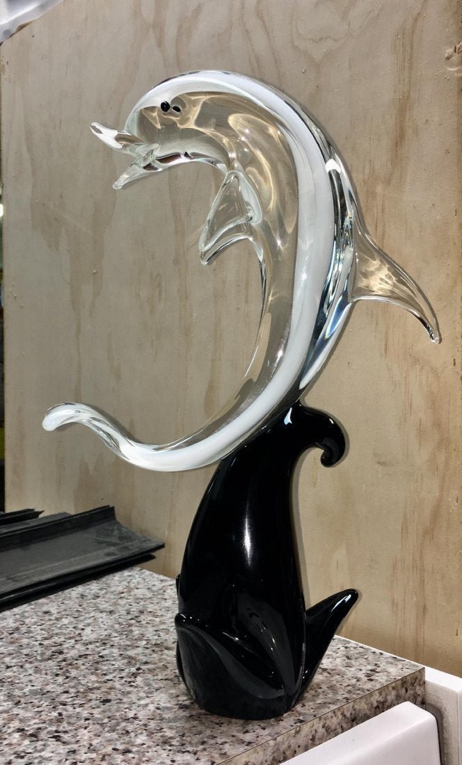 Murano Art Glass S.Puccini Large Dolphin Sculpture: Murano Italian Art Glass Large Dolphin Sculpture designed by S.Puccini. Signed on the bottom. Measures 16" tall. In house shipping is available, buyer pays shipping cost.