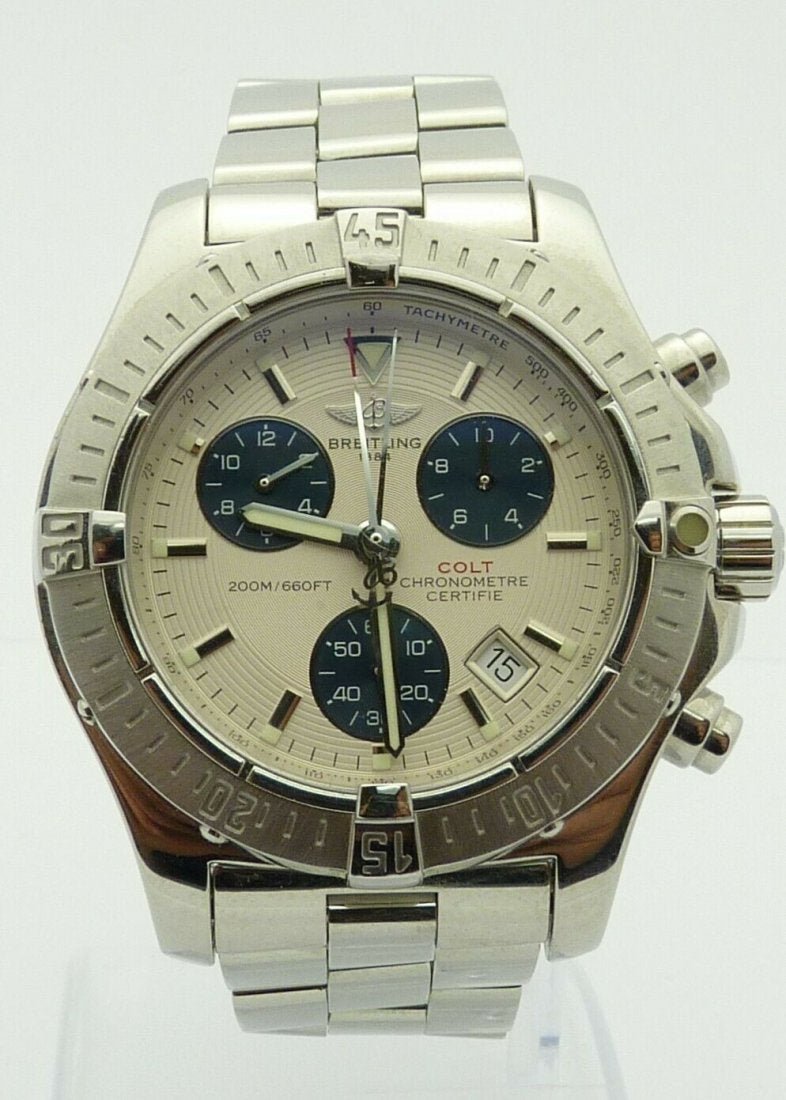 Breitling Colt Chronograph 41mm Men's Watch: Breitling Colt Chronograph A73380 Cream Ivory Dial Stainless Steel. Case Size:41mm. Water Resistant 200m. Wrist Size: apprx 6". In house shipping is available, buyer pays shipping cost.