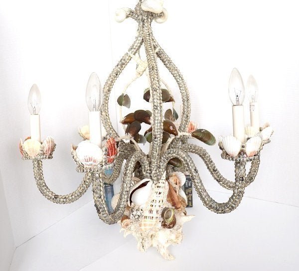 Vintage Custom Order Seashell Shell 5 Light Chandelier: RARE FIND.CUSTOM ORDER HANDCRAFTED AND WONDERFUL PIECE TO ADD TO YOUR COLLECTION!!No missing stones.ORIGINAL OWNER TOOK GOOD CARE OF THIS ITEM.FEW TINY SCRATCHES ON THE BASE.NO CRACKS.COMES AS PICTURE