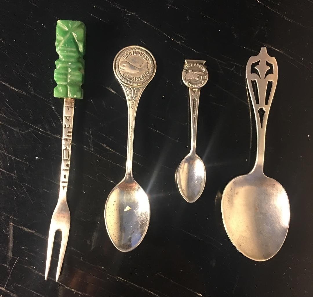 Lot of 4 Sterling Silver Spoons & Fork w Jade handle: Lot of 4 Sterling Silver Spoons & Fork w Jade handle. Fork is marked Mexico 925 sterling, 4" long. Baby spoon by Weidlich Bros. Circa early 1900s, marked with an owl with W, measures 3.5"L. Bruce Ster