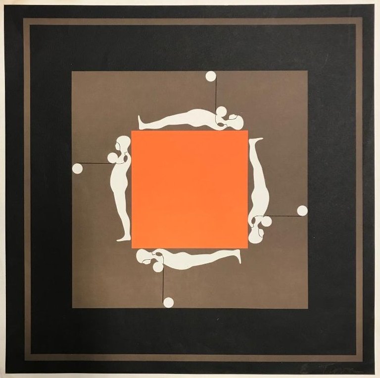 Ernest Trova (American1927-2009) Falling Man Silkscreen: Ernest Trova (American, 1927-2009) Orange Square from Falling Man Series Silkscreen. Measures 22" x 22". In house shipping is available, buyer pays shipping cost.
