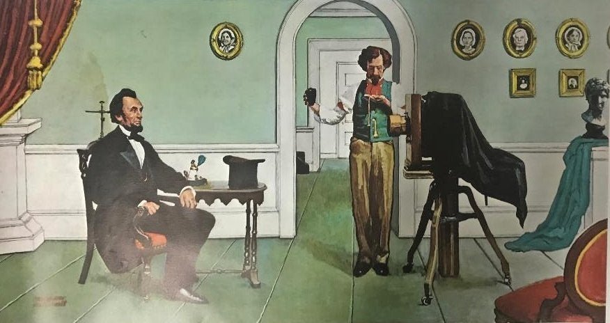 NORMAN ROCKWELL ABRAHAM LINCOLN & MATTHEW BRADY: NORMAN ROCKWELL ABRAHAM LINCOLN & MATTHEW BRADY Plate signed lithograph. Size 38" x 25". In house shipping is available, buyer pays shipping cost.