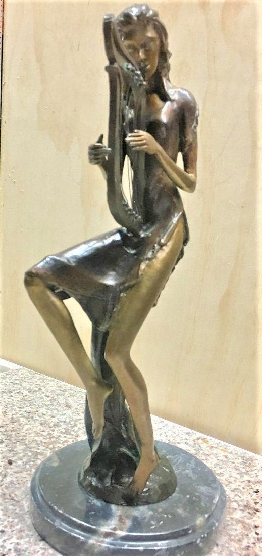 Chiparus Bronze Statue Lady Playing Harp: After Chiparus Bronze Statue Lady Playing Harp Signed on the base. Measures 19"H x 8.5"dia of the marble base. In house shipping is available, buyer pays shipping cost.