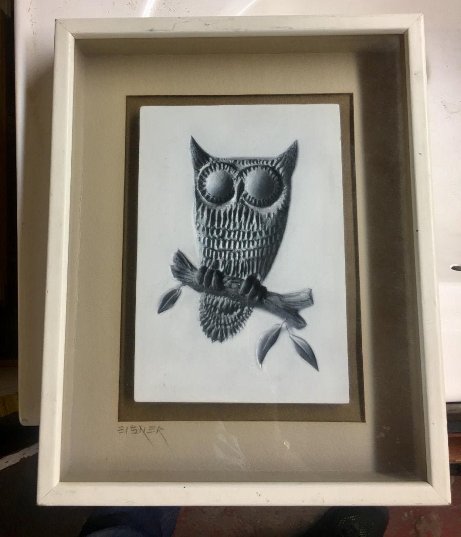 Jack Eisner Wall Relief 3D Sculpture Owl "Night Watch": Jack Eisner Wall Relief 3D Sculpture of an Owl "Night Watch". Signed lower left. Presented in shadow box. Measures 15" x 12" x 2". Excellent condition. In house shipping is available, buyer pays shipp