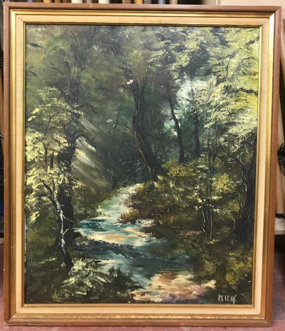 Peters Large Impressionist Oil Painting Canvas Forest: Peters Large Impressionist Oil Painting on Canvas Forest. Signed lower right. measures 32" x 27" framed, 28" x 23" image. In house shipping is available, buyer pays shipping cost.