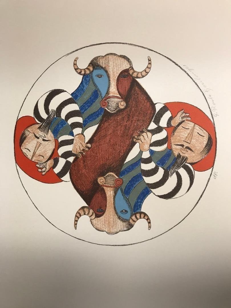 Graciela Rodo Boulanger (Bolivian B. 1935) Lithograph: Graciela Rodo Boulanger (Bolivian B. 1935) "HOMMES ET TARREAU" Pencil signed Artist Proof Lithograph. Measures 28.5" x 20", image 10" dia. In house shipping is available, buyer pays shipping cost.