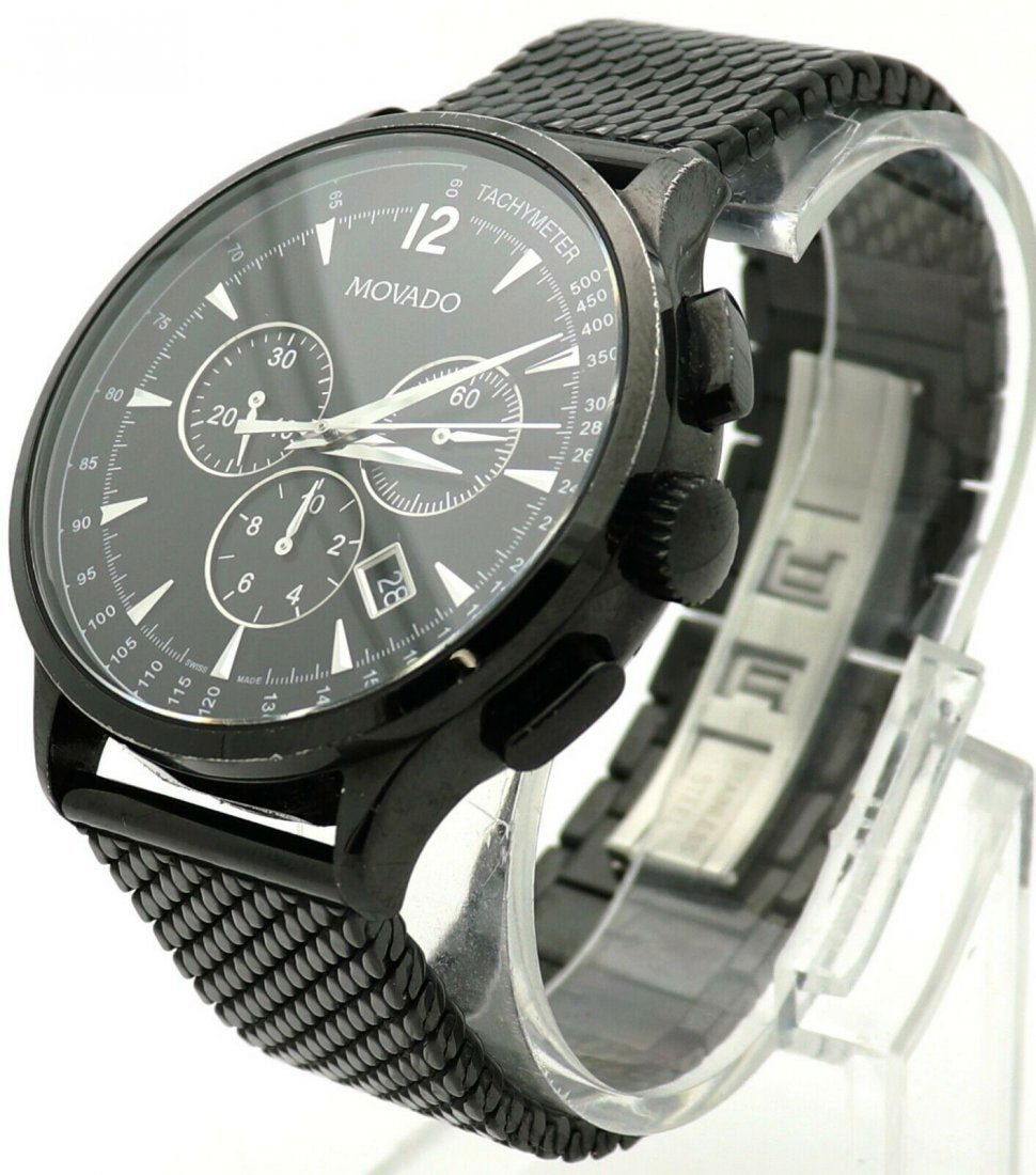 Movado Men's Chronograph Black Dial Steel Watch sz 8.5: Movado Men's Chronograph Black Dial Steel Watch size 8.5" model 0606803. Movement: Swiss Quartz. Great condition. In house shipping is available, buyer pays shipping cost. House id 01.