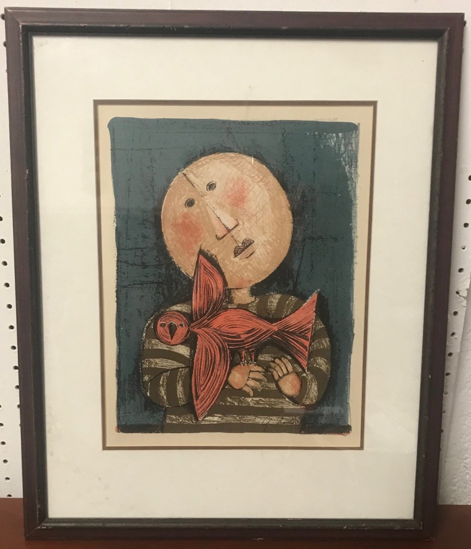 Graciela Rodo Boulanger (Bolivian B. 1935) Boy w Bird: Graciela Rodo Boulanger (Bolivian B. 1935) Plate signed lithographic poster depicting a boy holding a bird. Measures 14" x 11" framed. In house shipping is available, buyer pays shipping cost.